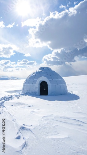 A snow-covered igloo under a bright sun with cloudy sky