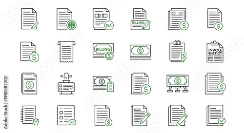 Streamlined business finance and document management vector icon set, capturing concepts of billing, secure payment, invoice processing, and financial oversight