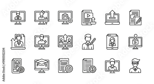 A versatile set of outline vector icons illustrating online education, e-learning platforms, student and instructor interactions, digital courses, video tutorials, and content management