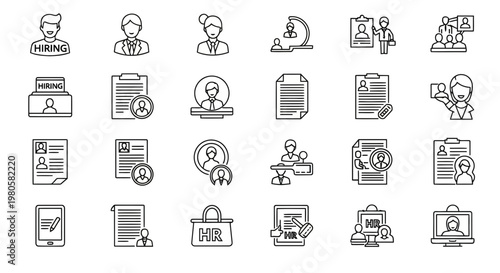 Modern set of HR and recruitment line icons, perfect for representing hiring processes, job applications, employee onboarding, talent management, and professional development