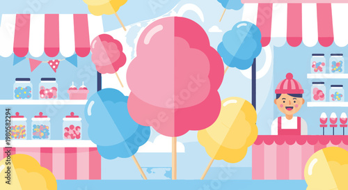 Candy floss and sweets stand at outdoor fair with vendor and colorful treats