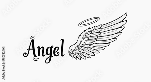 Angel wing with halo and angel lettering text set. Hand drawn line sketch style wing. Simple vector illustration
