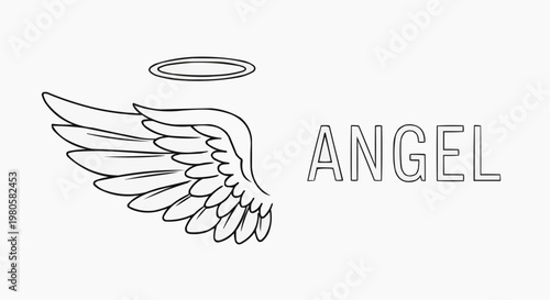 Angel wing with halo and angel lettering text set. Hand drawn line sketch style wing. Simple vector illustration