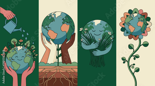 Earth Day Illustration Set for Ecology and Sustainability Themes Featuring Planet Earth, Hands Holding Globe, and Nature Conservation Concepts