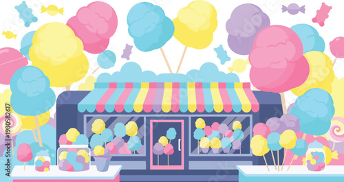 Candy shop with cotton candy and sweets display in pastel colors