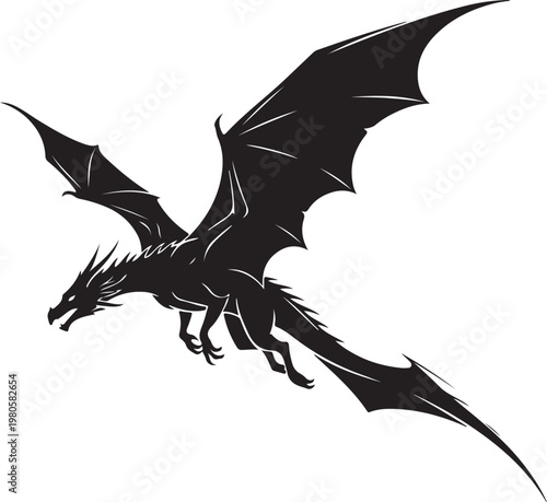 Black dragon flying with wings spread silhouette