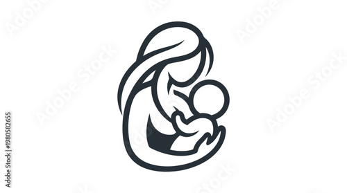 Minimalist Mother Breastfeeding Baby Logo Icon - Black and White Line Art Nursing Illustration