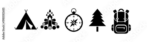 Camping and Outdoor Adventure Silhouette Icons Set