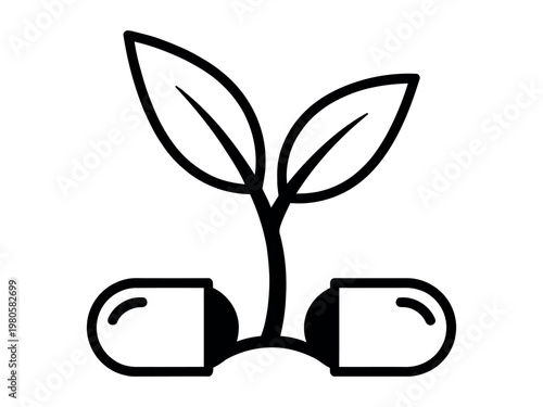 Plant sprout growing from capsule halves with pharmaceutical wellness medicine seedling beginning innovation development research botanical illustration treatment environment