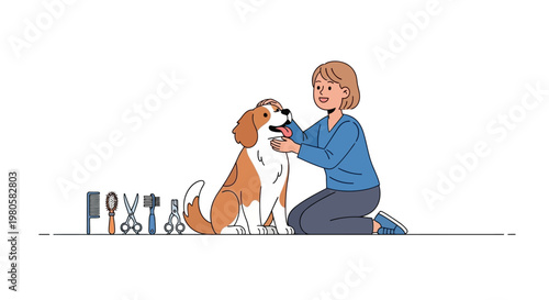Professional dog groomer grooming a cute beagle dog with tools.