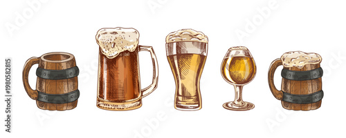 Hand drawn vintage sketch set of beer mugs glasses and goblet with foam wooden barrel pint styles illustration