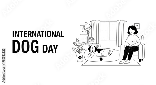 International Dog Day line art illustration with a woman and her dog sitting at home.