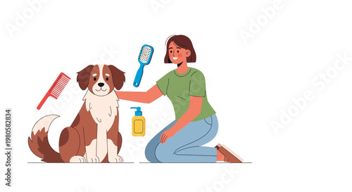 Woman grooming and brushing her dog with pet care tools.