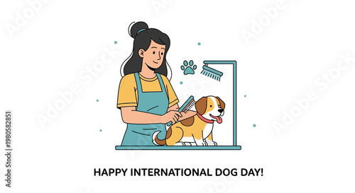 A professional dog groomer brushing a happy puppy in a grooming salon for International Dog Day.