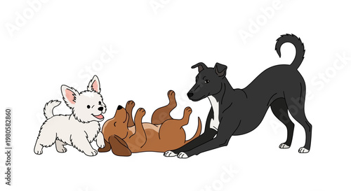 Three cute cartoon dogs playing together happily.