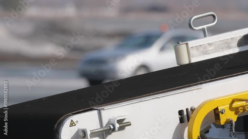 Airplane suitcases luggage baggage conveyor worker at airport terminal airline aircraft. Passengers boarding airplane.