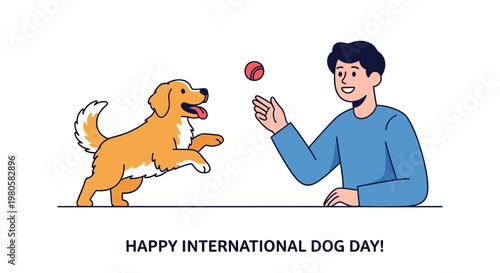 A young man playing with his cute golden retriever dog.