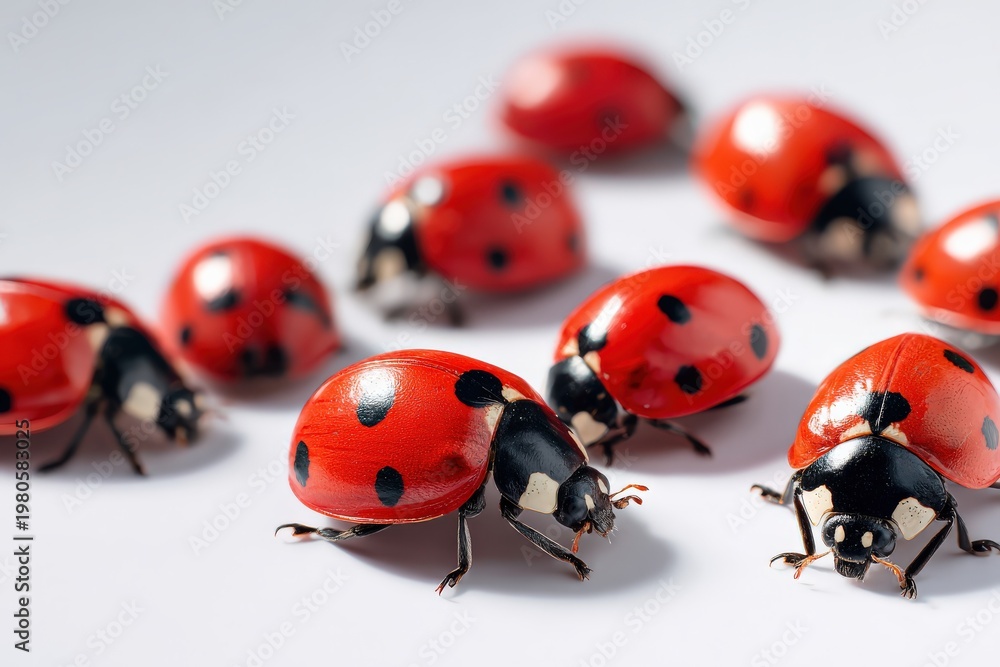 Fototapeta premium Close up view of vibrant red ladybugs on a clean background