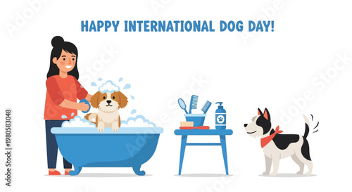 A woman washing a dog in a bathtub for International Dog Day.