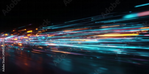 Streams of bright cyan and orange digital light particles move rapidly across a dark background