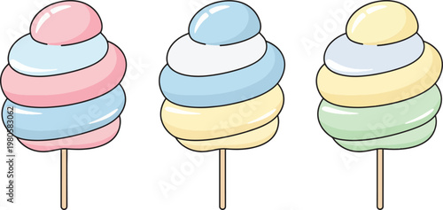 Colorful cotton candy sticks with pastel swirls and wooden handles