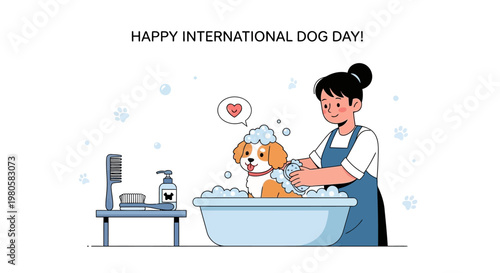 A professional groomer washing a cute puppy in a bathtub for International Dog Day.