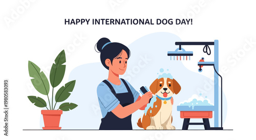 Professional groomer washing a cute dog in a pet salon.