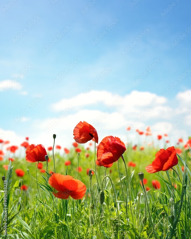 Fototapeta premium Vibrant Red Poppy Field Under a Bright Blue Sky with Fluffy White Clouds, Perfect Spring Background with Copy Space