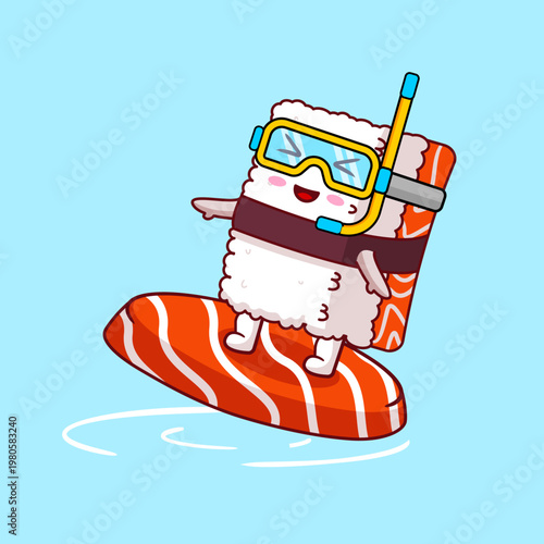 Cute Cartoon Sushi Surfing with Snorkel Vector Illustration Kawaii Sushi