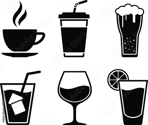 Black beverage icons for menu coffee tea and alcohol vector illustration.