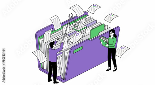 People managing digital asset management system with files and papers