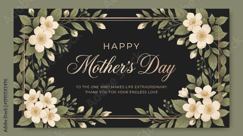 Elegant Happy Mother's Day Greeting Card with Vintage Floral Border on Dark Background