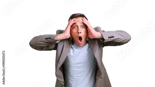 Cuadro en lienzo Businessman reacting with shock and disbelief on transparent background