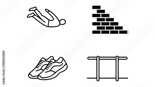 Fitness Elements: Iconic monochrome illustrations of fitness, sport, recreation elements. Includes running shoes, bricks wall, parallel bar, gymnastic exercises