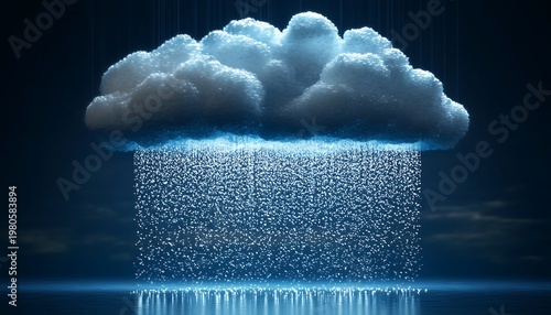 Abstract Storm Cloud with Rain Falling into Water Against Dark Background