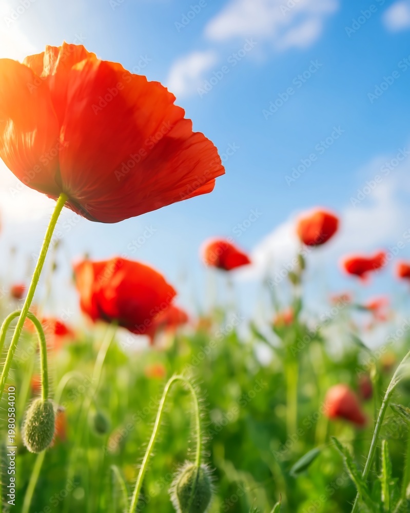Fototapeta premium Vibrant Red Poppy Field in Spring Sunlight, Soft Blue Sky with Clouds, Lush Green Stems, Copy Space for Summer Designs