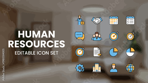 A cheerful collection of colorful filled human resources icons is prominently arranged over a warm blurred office interior.