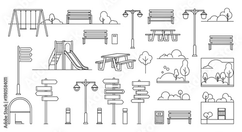 landscape, architecture, icons Park, playground, outdoor furniture icons, signs isolated on White Background park, garden