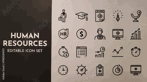 A diverse collection of modern human resources icons presented in a sleek black and grey filled style.