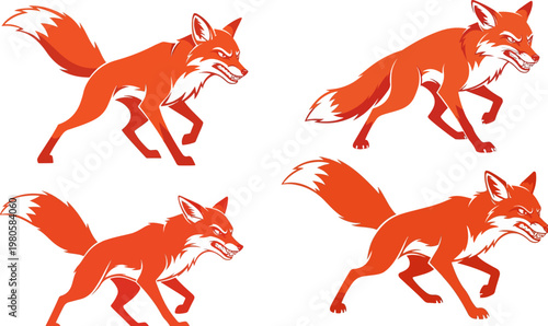 Aggressive red fox mascot set, fierce wild animal predator vector illustrations, 4 orange fox icons for sports team logos and gaming branding