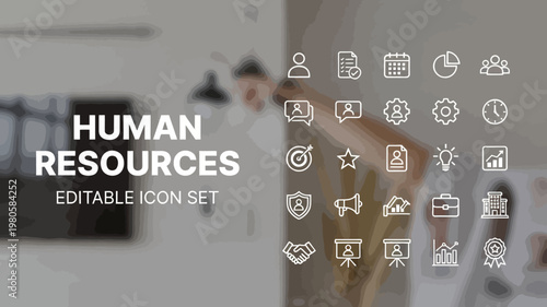 A comprehensive editable human resources icon set is presented on a soft blurred background.
