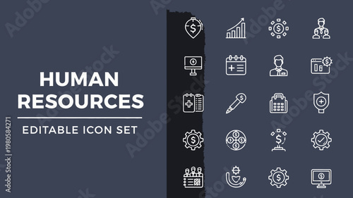 A versatile human resources editable icon set is shown against a dark blue background.