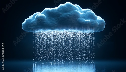 Abstract Storm Cloud with Rain Falling into Water Against Dark Background