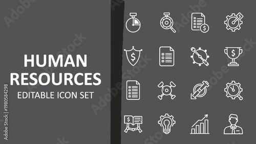A comprehensive editable icon set for Human Resources is presented on a dark grey background.