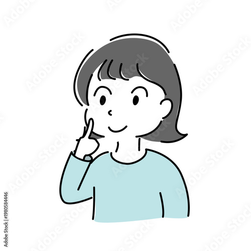 笑顔の女性 頬に指を当てる ポイント OK サイン シンプル イラスト 笑顔 人物 ベクター / Winking woman touching cheek OK sign tip smiling character vector