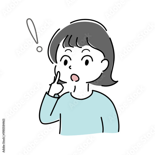 気づく女性 ひらめき 感嘆符 シンプル イラスト 発見 理解 ポイント 人物 ベクター / Woman realization idea exclamation mark discovery understanding character vector