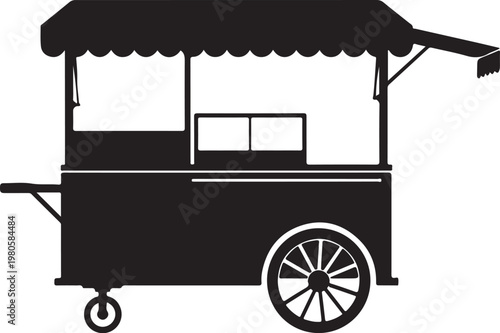 Black food cart with canopy and wheel
