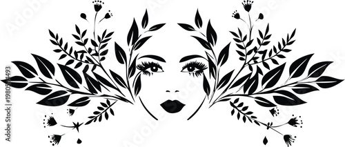 Woman face framed by leaves and branches feminine nature art symmetrical black and white.