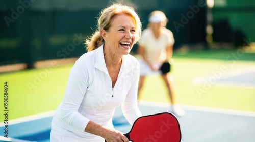 Happy senior woman playing pickleball on sunny outdoor court. Active retirement lifestyle and recreational sports for healthy older adults.