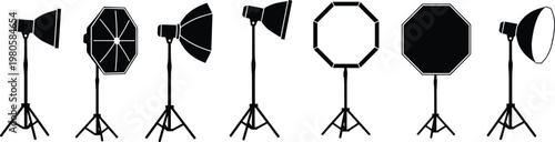 Professional Vector Collection Of Photography Studio Lighting Equipment Silhouettes Including Softboxes Octaboxes Reflectors And Flash Strobes On Tripod Stands For Photo Video Production Creative